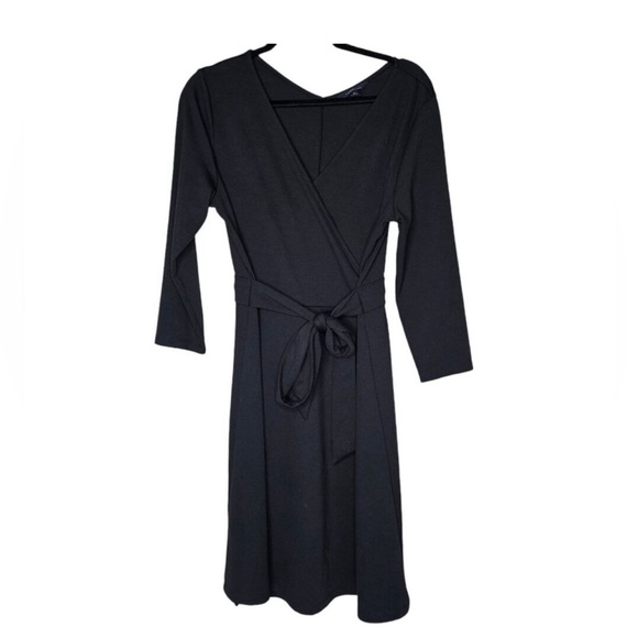 Lands End Black Faux Wrap Dress 3/4 Sleeve Surplice Neck Knee Length. Size 10-12 - Picture 1 of 5